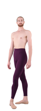 Men’s ballet dance tights – wine or merlot or dark red or maroon. Male dancer in a ballet pose wearing high-quality, comfortable, and stretchy dance tights for performance and practice.