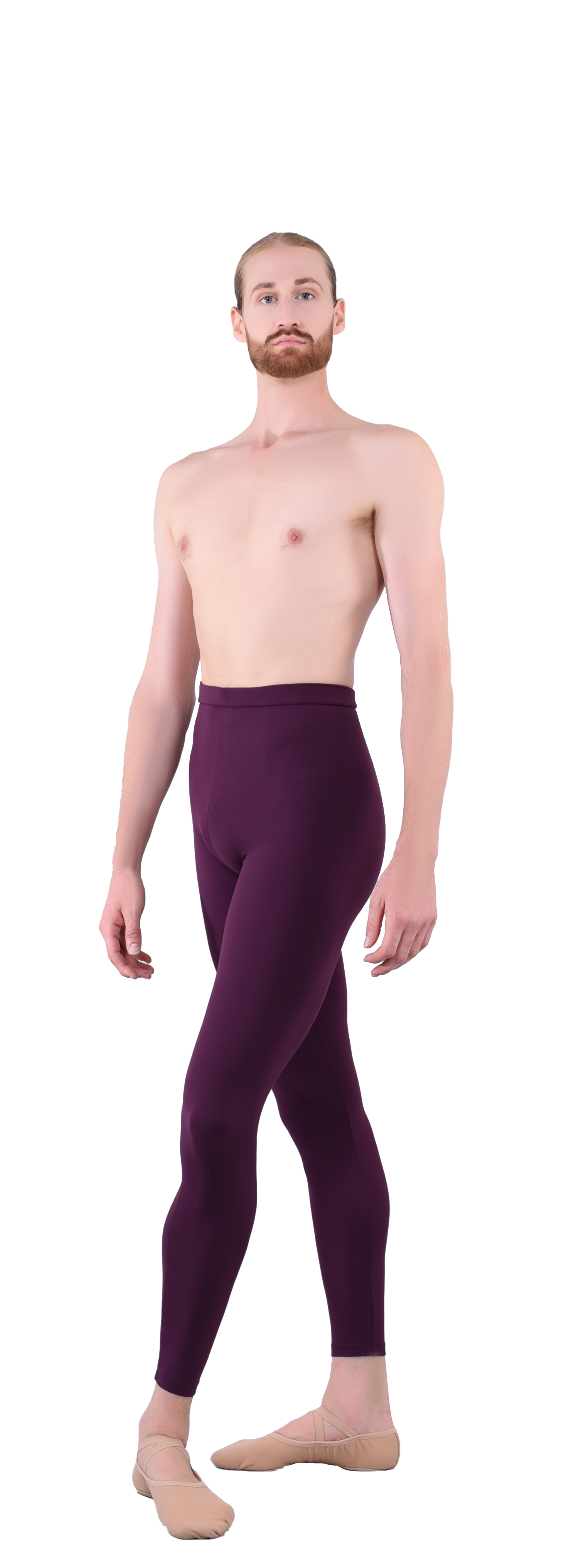 Men’s ballet dance tights – wine or merlot or dark red or maroon. Male dancer in a ballet pose wearing high-quality, comfortable, and stretchy dance tights for performance and practice.