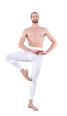 Men’s ballet dance tights – white or ivory. Male dancer in a ballet pose wearing high-quality, comfortable, and stretchy dance tights for performance and practice.