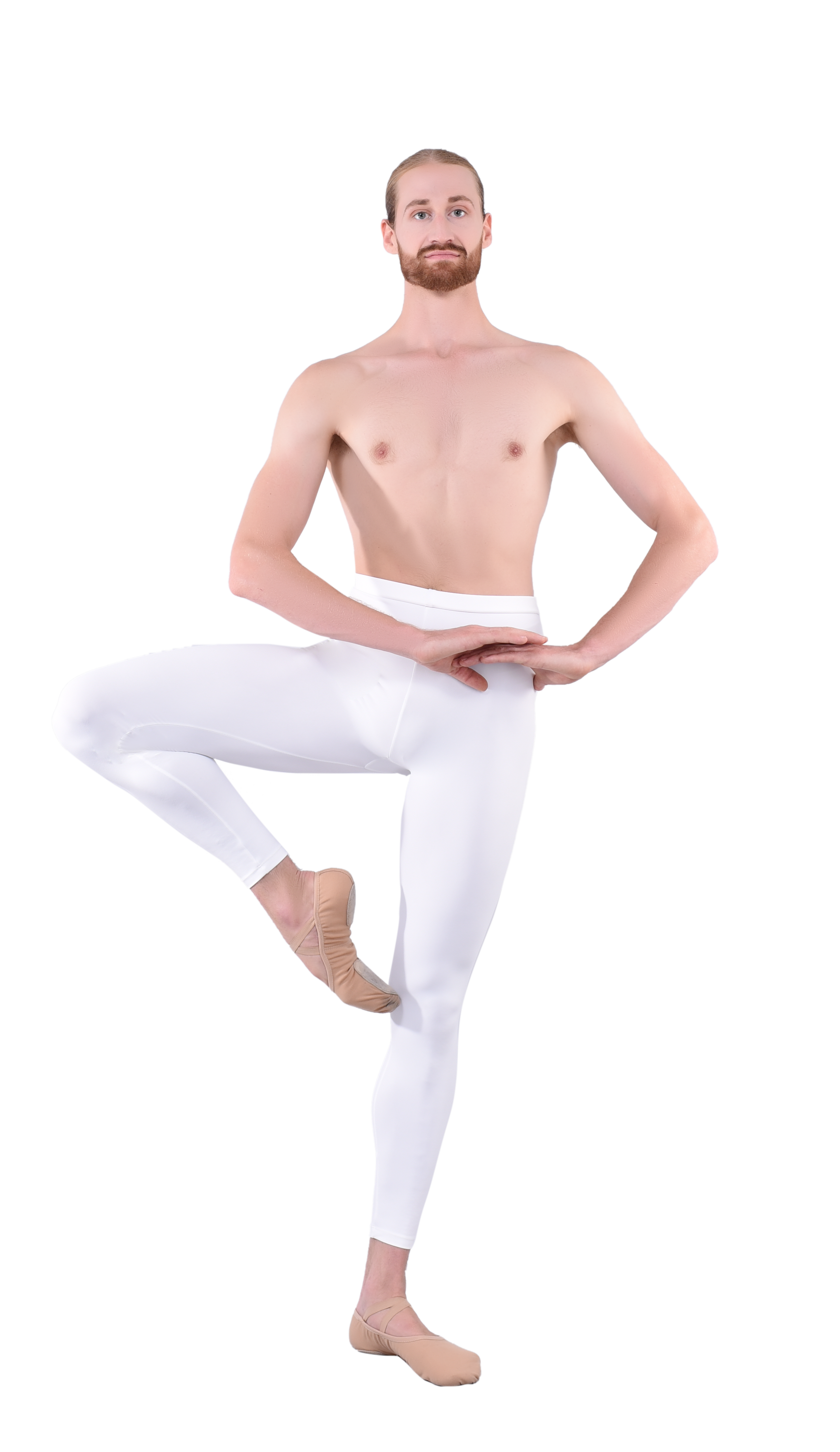 Men’s ballet dance tights – white or ivory. Male dancer in a ballet pose wearing high-quality, comfortable, and stretchy dance tights for performance and practice.