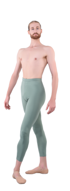 Men’s ballet dance tights – green. Male dancer in a ballet pose wearing high-quality, comfortable, and stretchy dance tights for performance and practice.