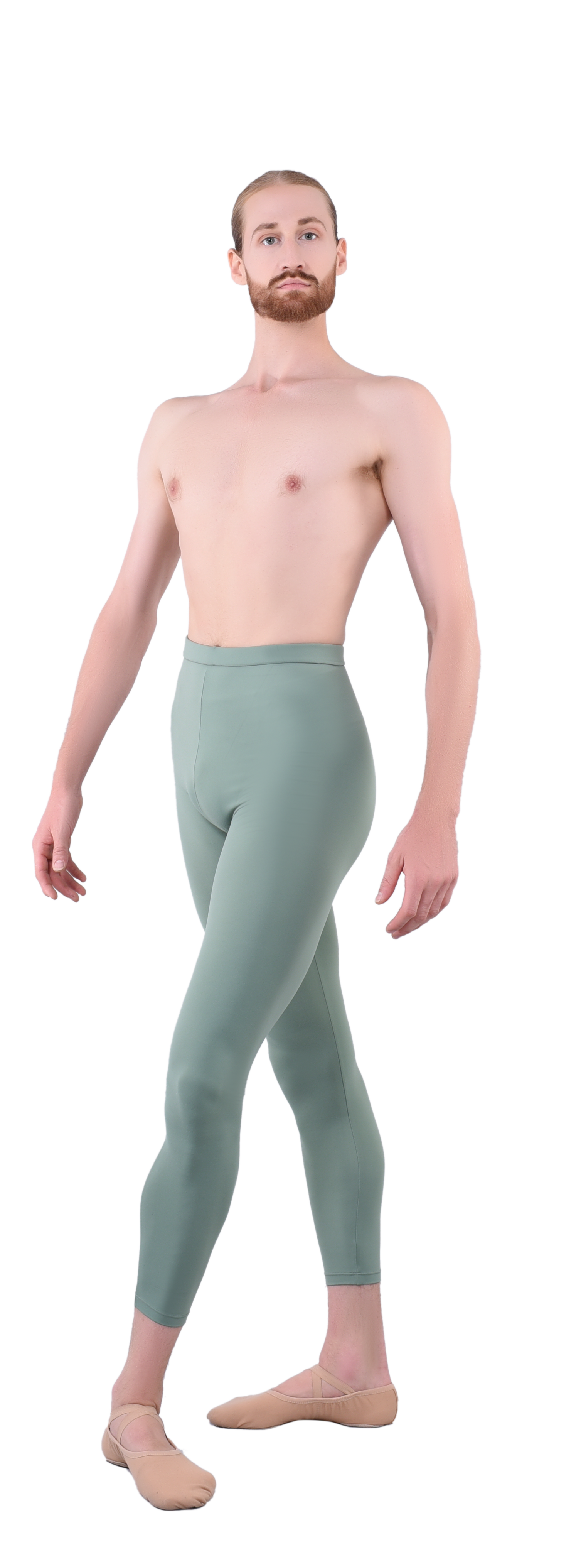 Men’s ballet dance tights – green. Male dancer in a ballet pose wearing high-quality, comfortable, and stretchy dance tights for performance and practice.