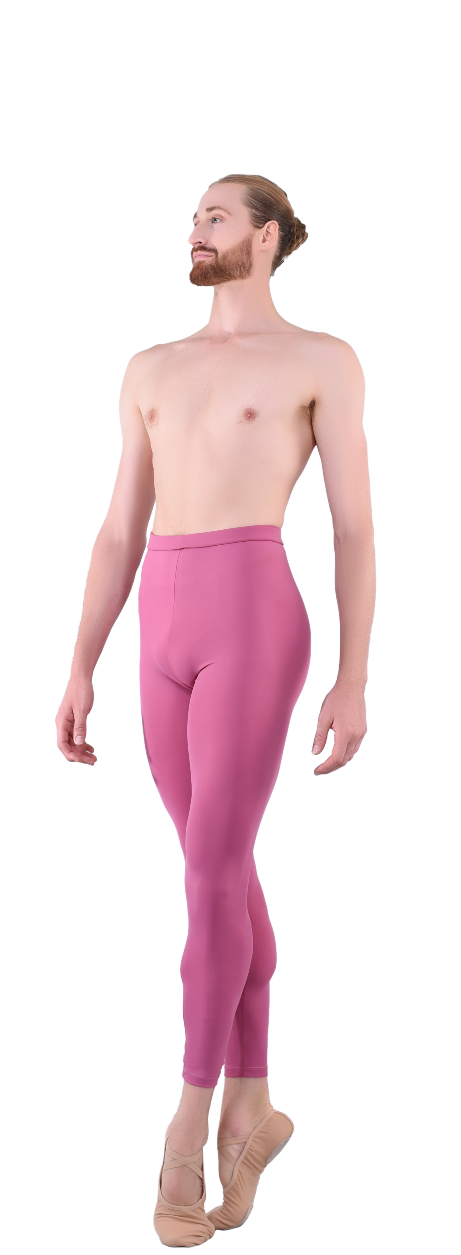 Men’s ballet dance tights – pink and rose. Male dancer in a ballet pose wearing high-quality, comfortable, and stretchy dance tights for performance and practice.