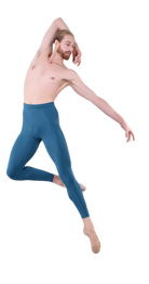 Men’s ballet dance tights – teal. Male dancer in a jumping ballet pose wearing high-quality, comfortable, and stretchy dance tights for performance and practice.