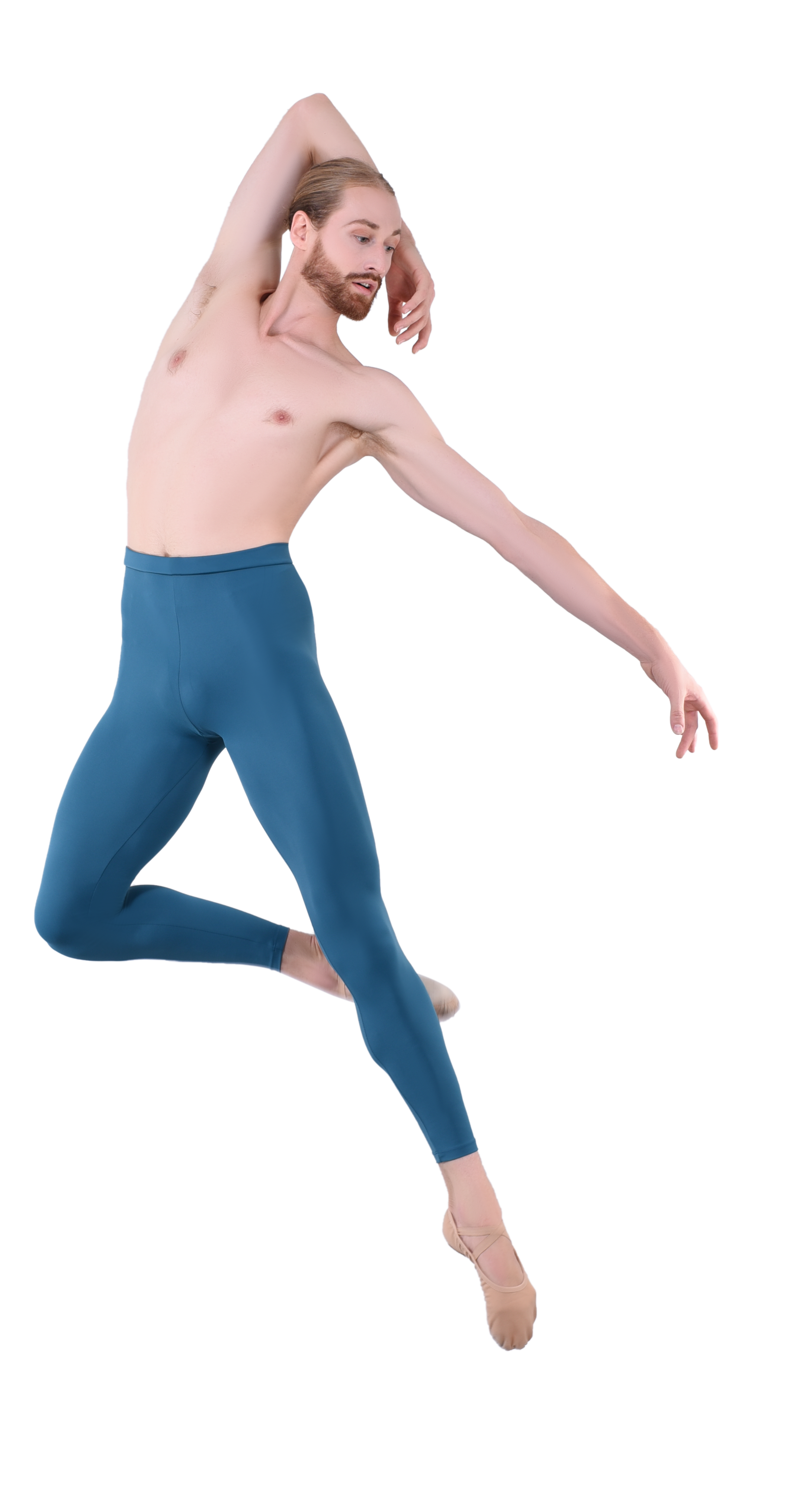 Men’s ballet dance tights – teal. Male dancer in a jumping ballet pose wearing high-quality, comfortable, and stretchy dance tights for performance and practice.