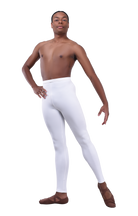 Men’s ballet dance tights – white. Male dancer in a ballet pose wearing high-quality, comfortable, and stretchy dance tights for performance and practice.