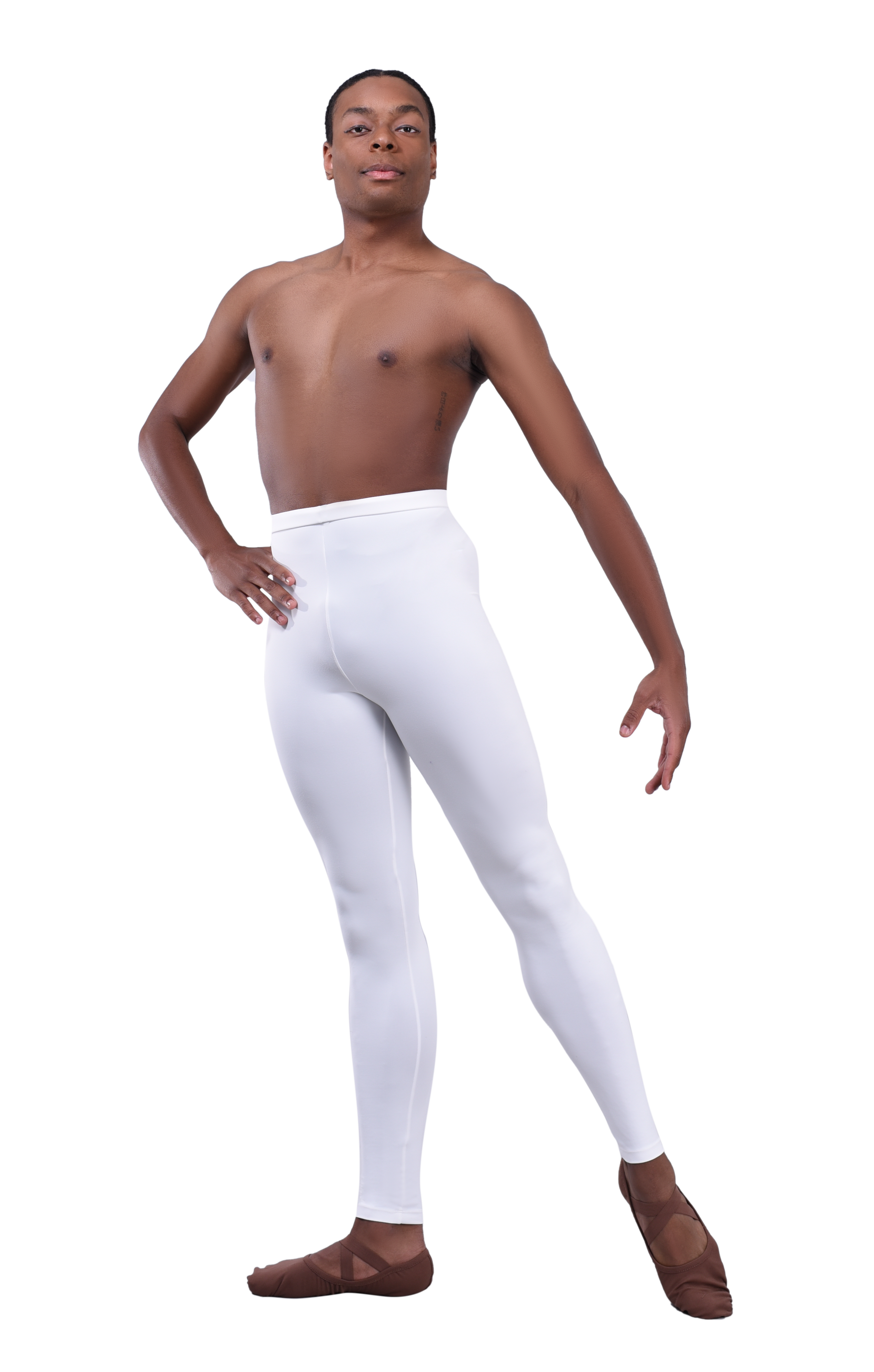 Men’s ballet dance tights – white. Male dancer in a ballet pose wearing high-quality, comfortable, and stretchy dance tights for performance and practice.