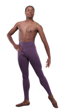 Men’s ballet dance tights – dark purple. Male dancer in a ballet pose wearing high-quality, comfortable, and stretchy dance tights for performance and practice.