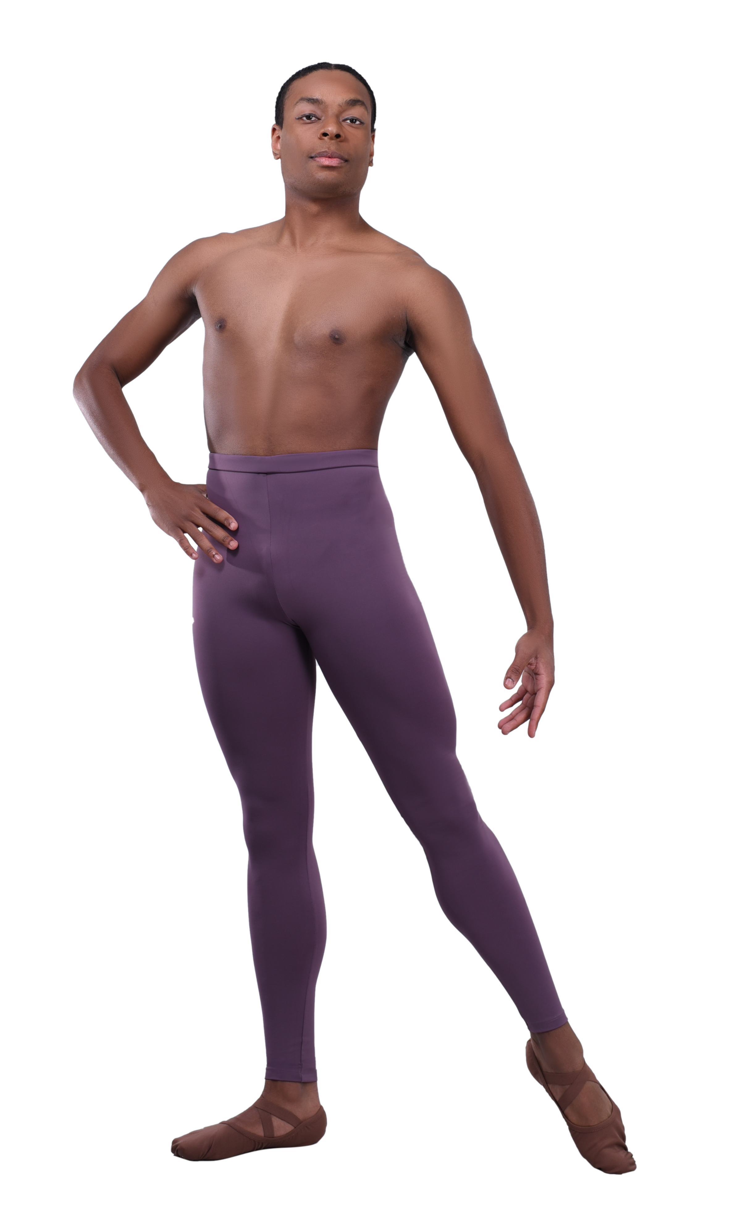 Men’s ballet dance tights – dark purple. Male dancer in a ballet pose wearing high-quality, comfortable, and stretchy dance tights for performance and practice.