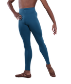 Men’s ballet dance tights – teal. Male dancer in a ballet pose wearing high-quality, comfortable, and stretchy dance tights for performance and practice.