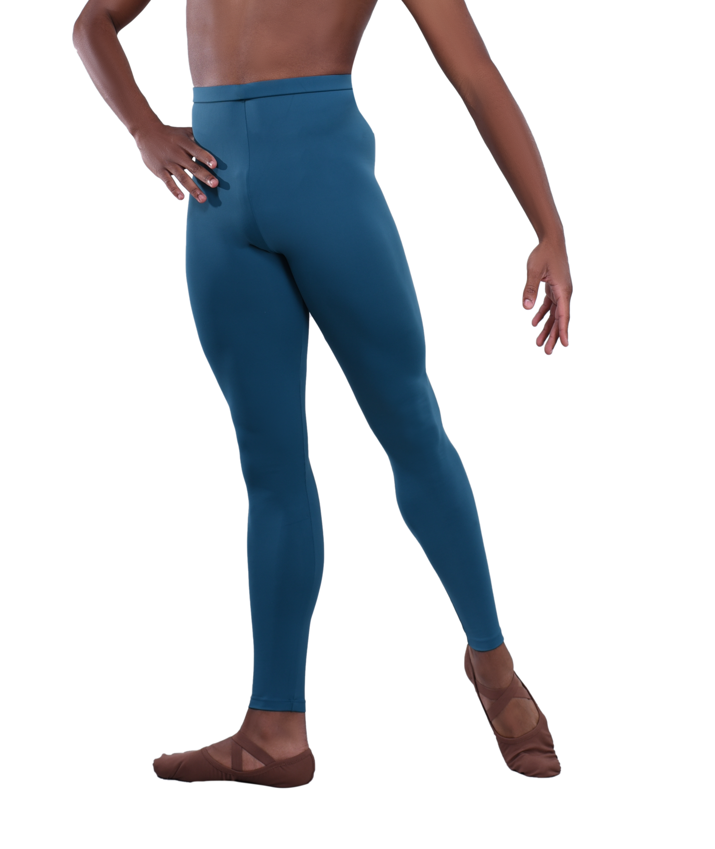 Men’s ballet dance tights – teal. Male dancer in a ballet pose wearing high-quality, comfortable, and stretchy dance tights for performance and practice.