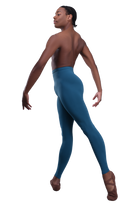 Men’s ballet dance tights – teal. Male dancer in a ballet pose wearing high-quality, comfortable, and stretchy dance tights for performance and practice.