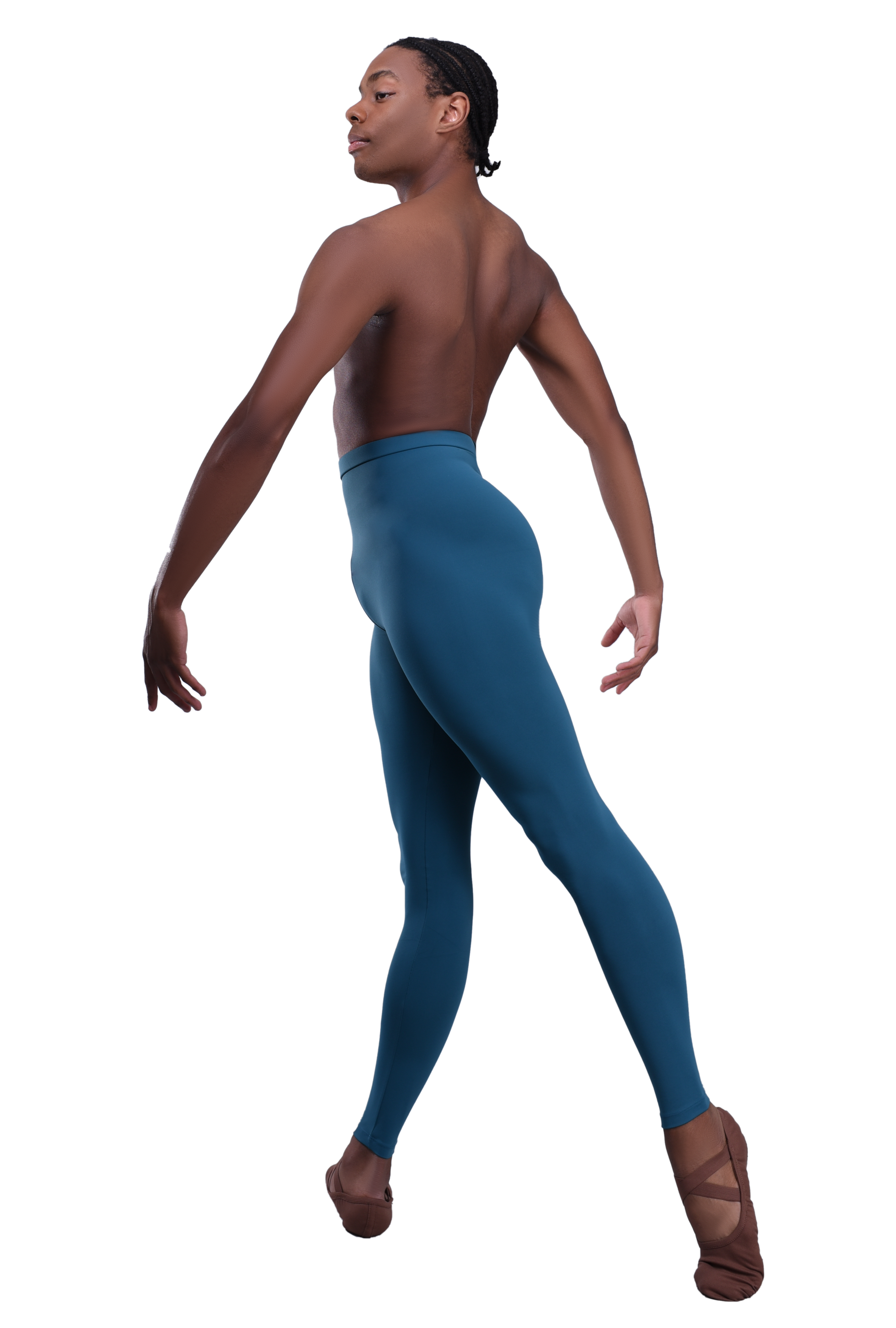 Men’s ballet dance tights – teal. Male dancer in a ballet pose wearing high-quality, comfortable, and stretchy dance tights for performance and practice.