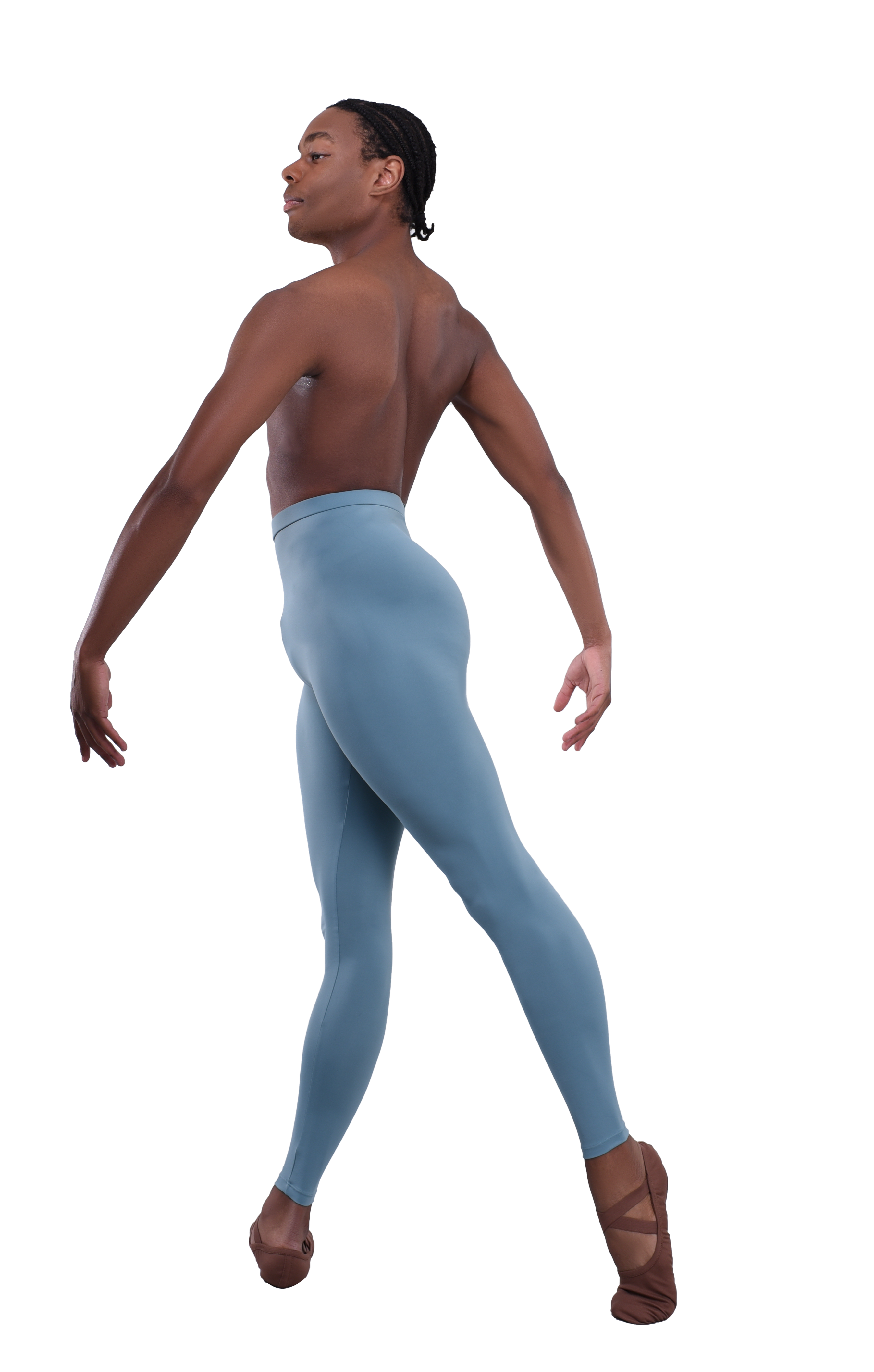 Men’s ballet dance tights – light blue. Male dancer in a ballet pose wearing high-quality, comfortable, and stretchy dance tights for performance and practice.