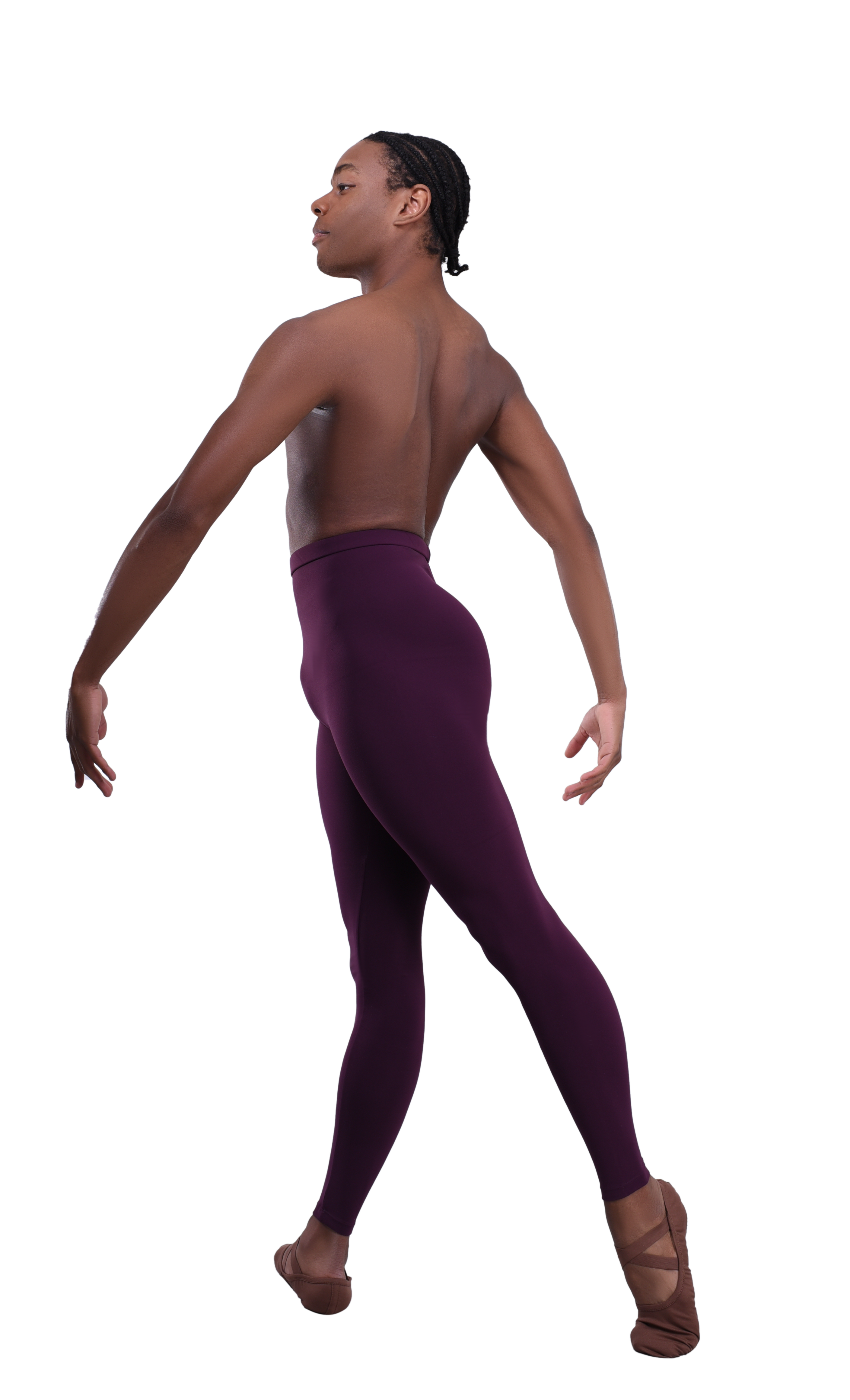 Men’s ballet dance tights – wine or merlot or dark red. Male dancer in a ballet pose wearing high-quality, comfortable, and stretchy dance tights for performance and practice.